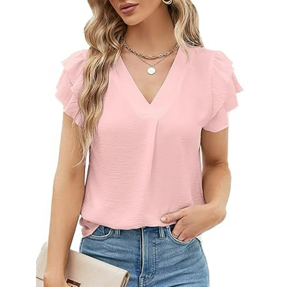 VDJ Blouses for Women Summer Ruffle Short Sleeve V Neck Dressy Work Shirts Fashion Cute Pink Tunic Tops for Lady Size XXL