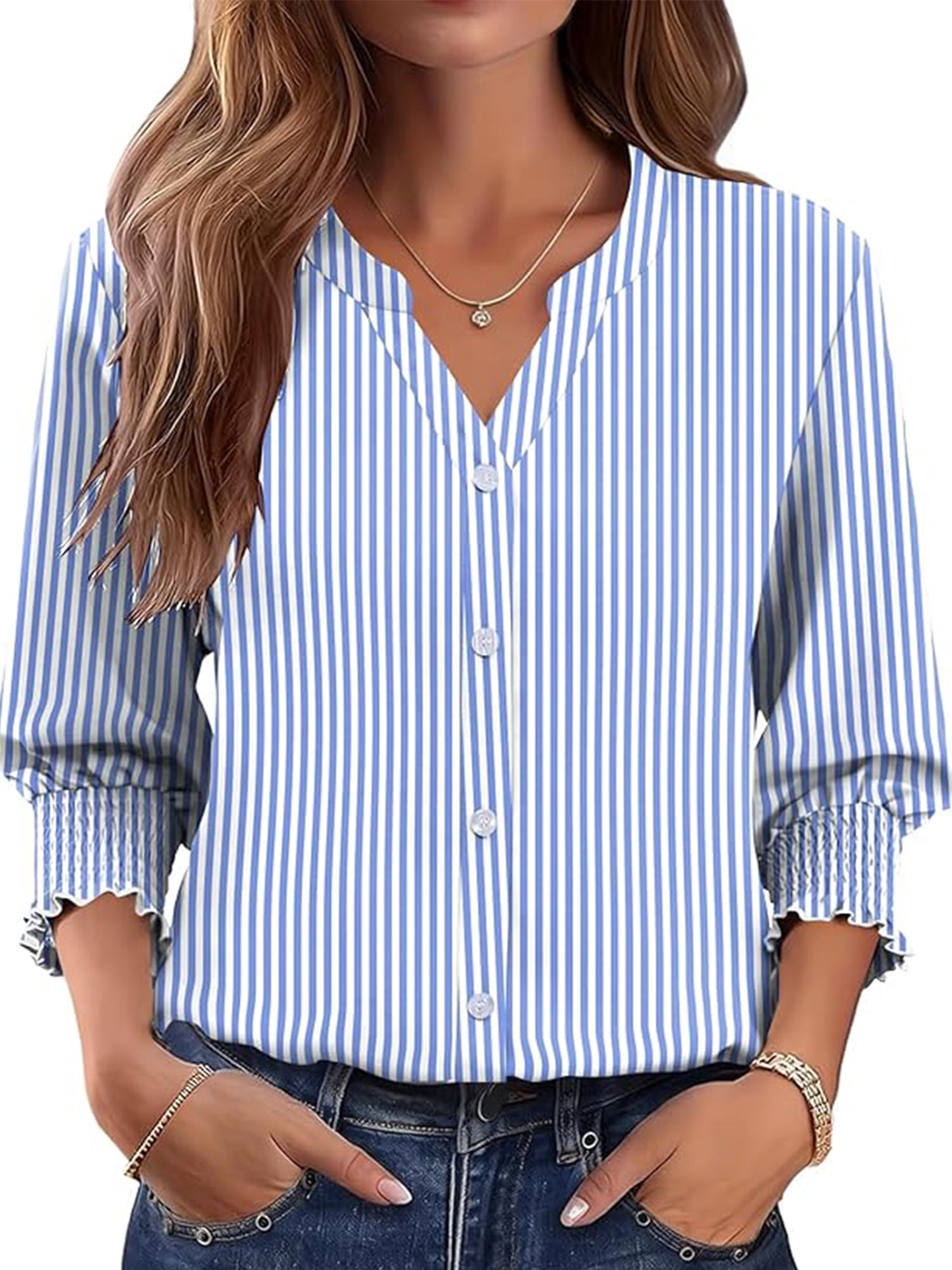 VDJ Button Down Shirts for Women 3/4 Sleeve V Neck Dressy Blouses ...