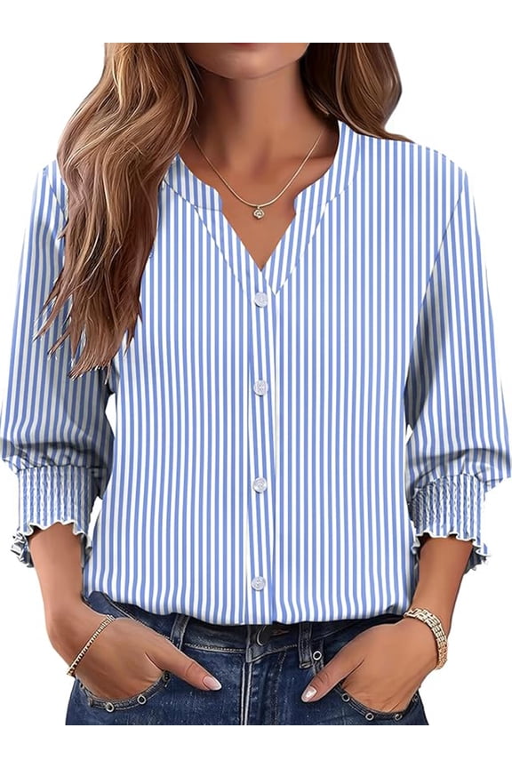 Button Down Shirts for Women 3/4 Sleeve V Neck Dressy Blouses Summer Fall Blue Striped Classic Tops Fashion Clothing Size XXL