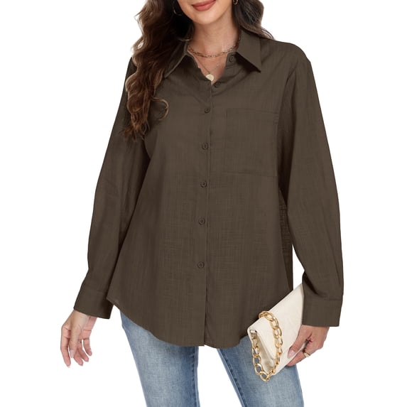VDJ Button Down Shirts for Women Dressy Casual Solid Color Long Sleeve Collared Blouse Office Work Tops with Pockets Size M