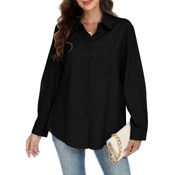 VDJ Button Down Shirts for Women Dressy Casual Solid Color Long Sleeve Collared Blouse Office Work Tops with Pockets Size XL