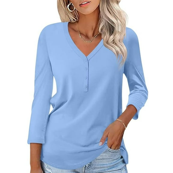 VDJ Button Shirts for Women 3/4 Sleeve V Neck Casual Fit Plain Color Sky Blue T Shirts Comfort Soft Basics Tops for Women Size S