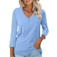 thumbnail image 1 of VDJ Button Shirts for Women 3/4 Sleeve V Neck Casual Fit Plain Color Sky Blue T Shirts Comfort Soft Basics Tops for Women Size XL, 1 of 7