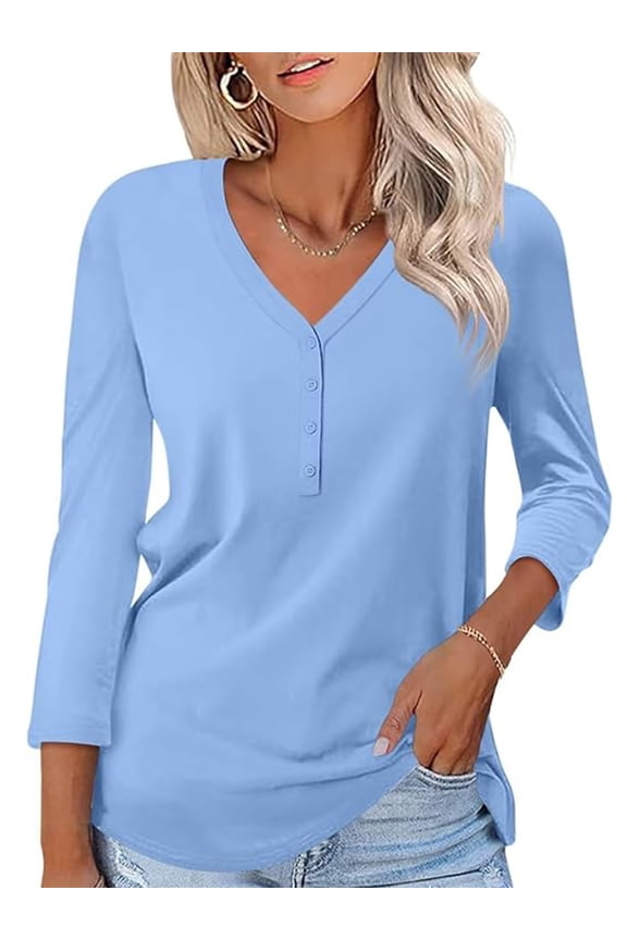 Button Shirts for Women 3/4 Sleeve V Neck Casual Fit Plain Color Sky Blue T Shirts Comfort Soft Basics Tops for Women Size XXL