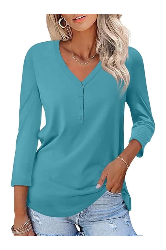 Button V Neck Tops for Women 3/4 Sleeve Comfort Soft Tshirts Basic Casual Tee Clothing Size L