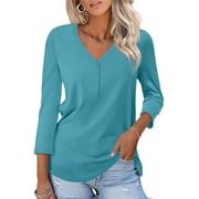 VDJ Button V Neck Tops for Women 3/4 Sleeve Comfort Soft Tshirts Basic Casual Tee Clothing Size XL