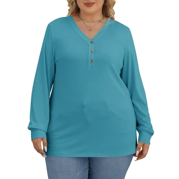 Button V Neck Tops for Women Long Sleeve Plus Size Fashion Tshirts Loose Casual Mint Tee Blouses Clothing Size 4XL