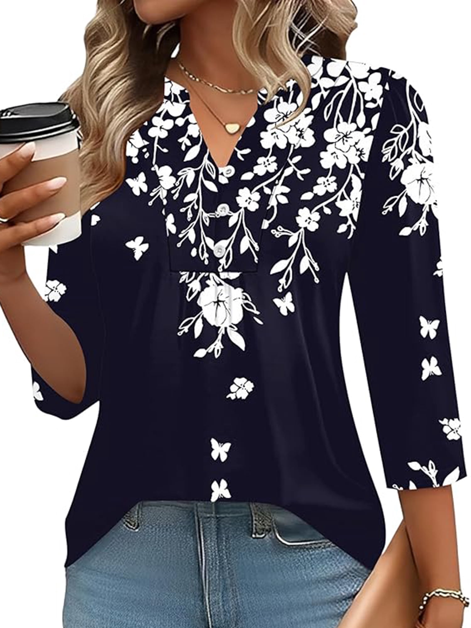 VDJ Fall Tops for Women 3/4 Sleeve Button V Neck Casual Shirts Floral ...