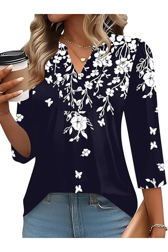 Fall Tops for Women 3/4 Sleeve Button V Neck Casual Shirts Floral Business Work Elegant Black Blouses for Ladies Size XL