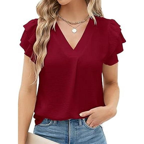 VDJ Fashion Tops for Women Summer Ruffle Short Sleeve Elegant Wine Red Business Blouse Dressy Tee Comfort Lightweight Shirts Size M