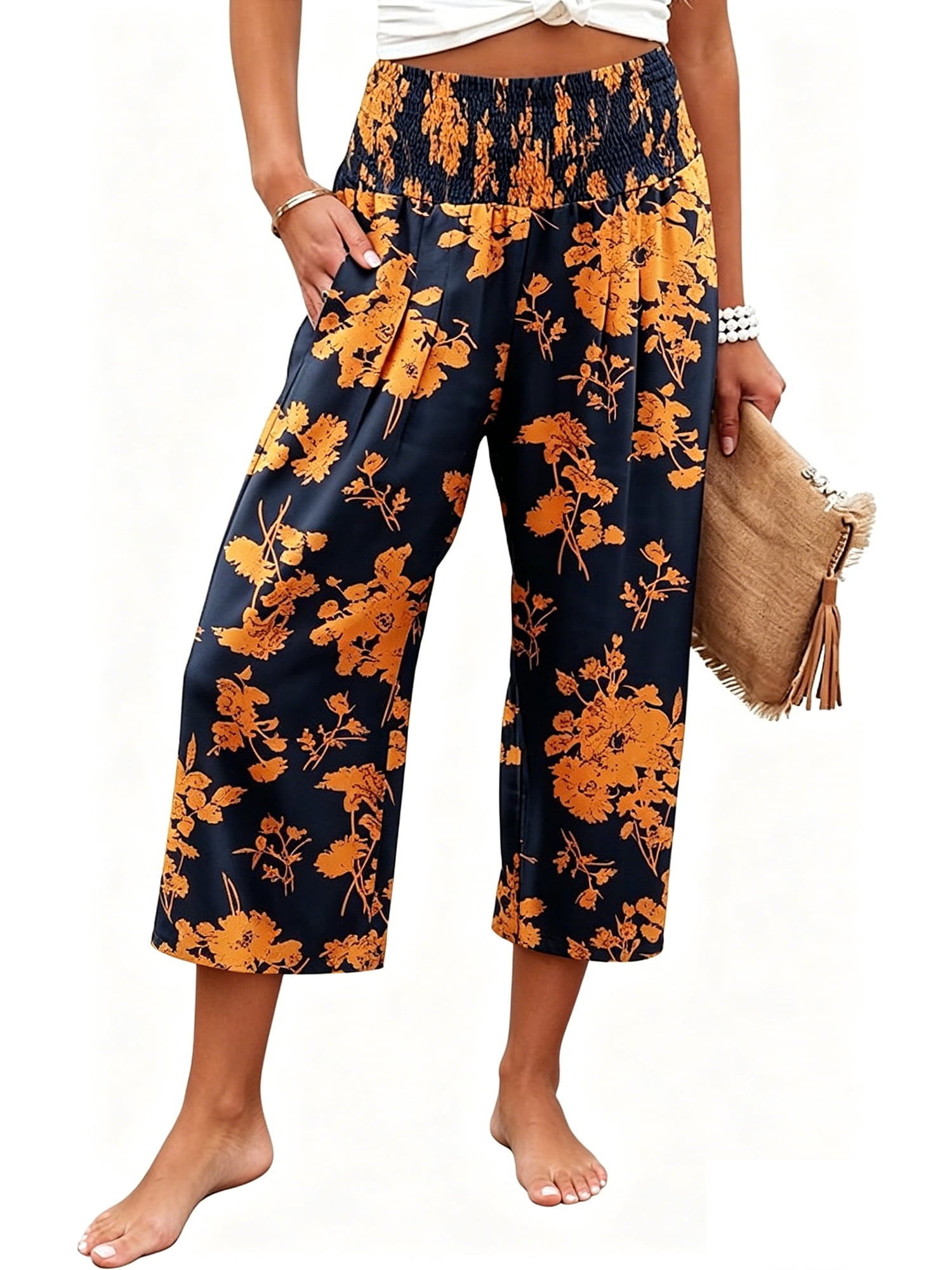 VDJ Flowy Pants for Women High Waist Loose Casual Pazazzo Capris Summer ...
