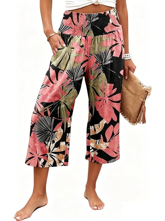 Flowy Pants for Women High Waist Loose Casual Pazazzo Capris Summer Fall Wide Leg Lounge Pants Floral Pull On Trousers Size XL