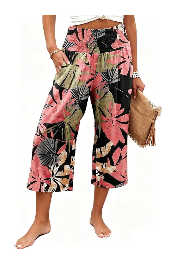 Flowy Pants for Women High Waist Loose Casual Pazazzo Capris Summer Fall Wide Leg Lounge Pants Floral Pull On Trousers Size XXL