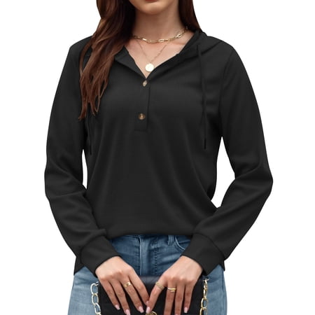 VDJ Hoodies for Women Casual Long Sleeve Fall Sweatshirts Pullover Drawstring Hood Tops Black Womens Clothes Size M