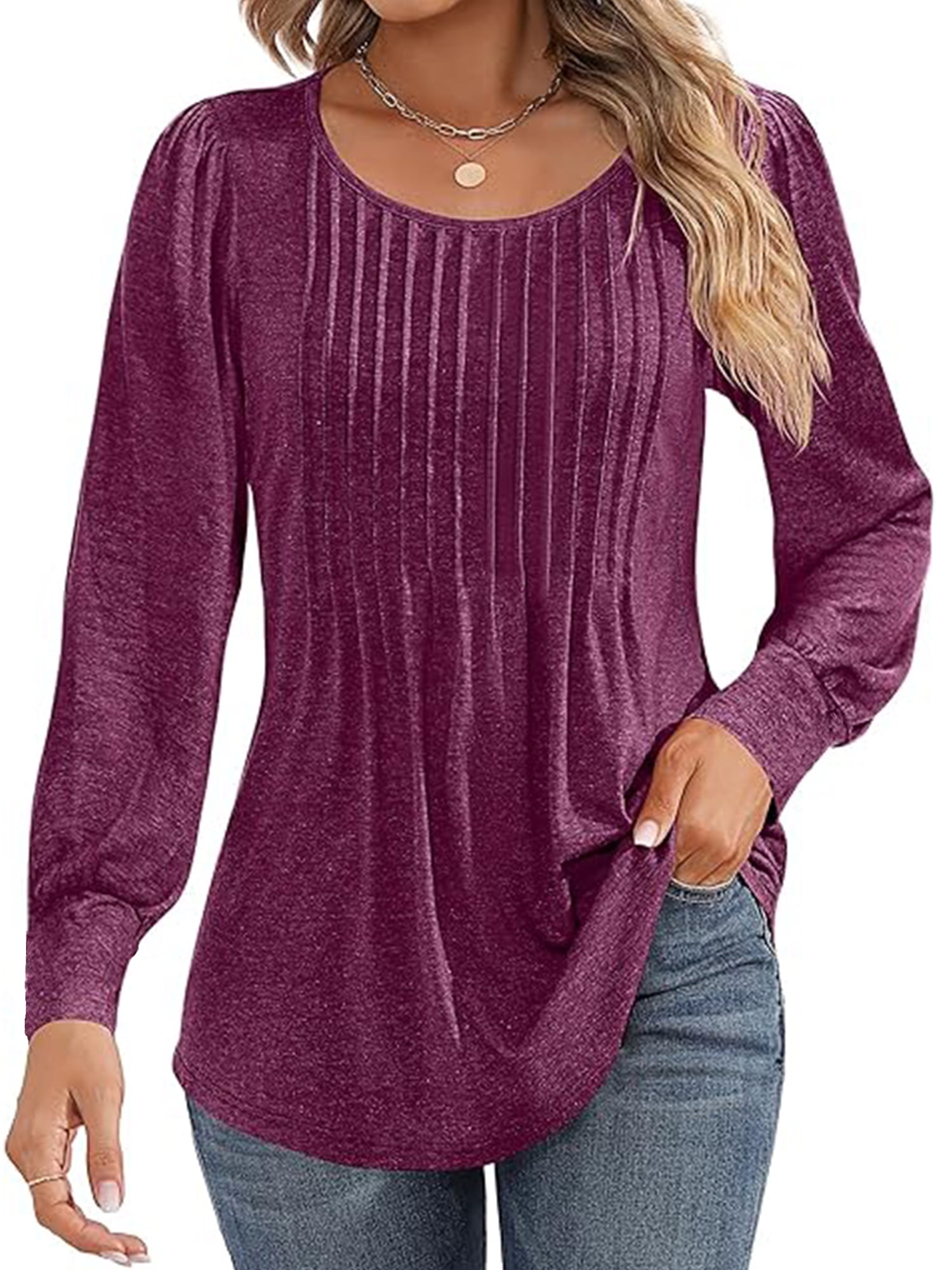 VDJ Long Sleeve Women Tops Casual Fall Winter Tshirt Pullover Pleated ...