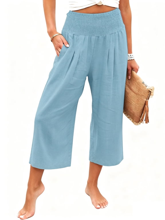 Pants for Women Summer Boho Wide Elastic Waistband Trendy Beach Capri Pants Sky Blue Ladies Wide Leg Capris Size L