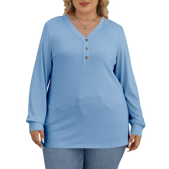 Plus Size Button Shirts for Women Long Sleeve V Neck Loose Fit Comfort Soft Tee Solid Blouses Clothing Size 4XL
