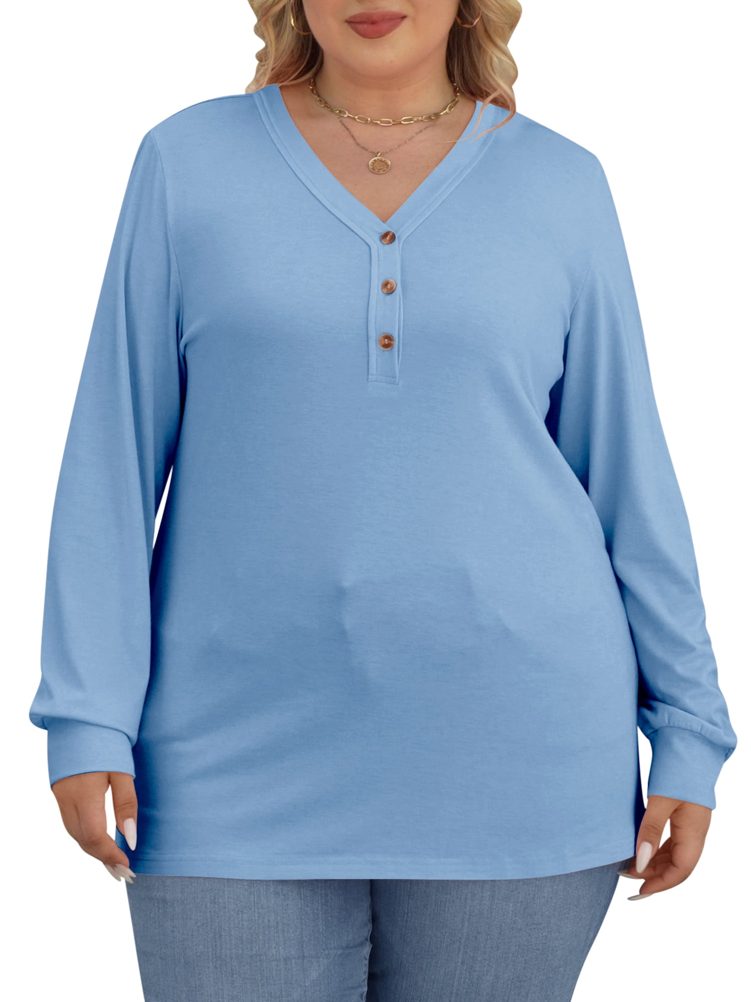 Plus Size Button Shirts for Women Long Sleeve V Neck Loose Fit Comfort ...