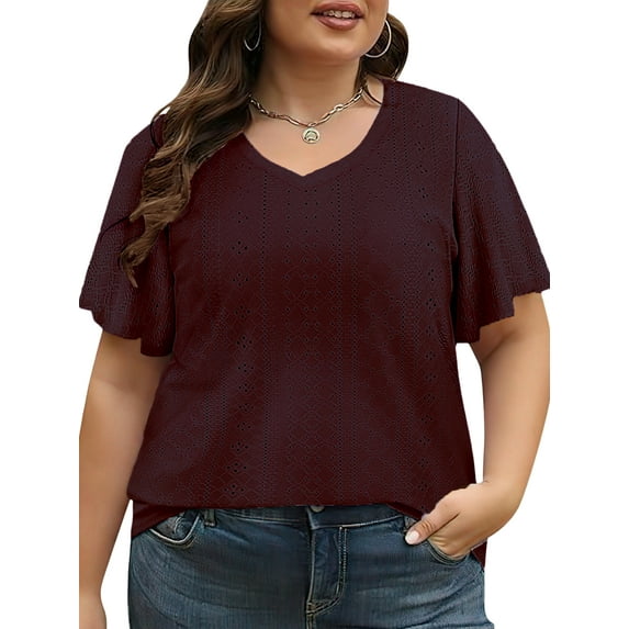 VDJ Plus Size Top for Women Casual V Neck Short Sleeev T Shirts Fashion Dressy Blouse Elegant Wine Red Tee for Ladies Size 4XL