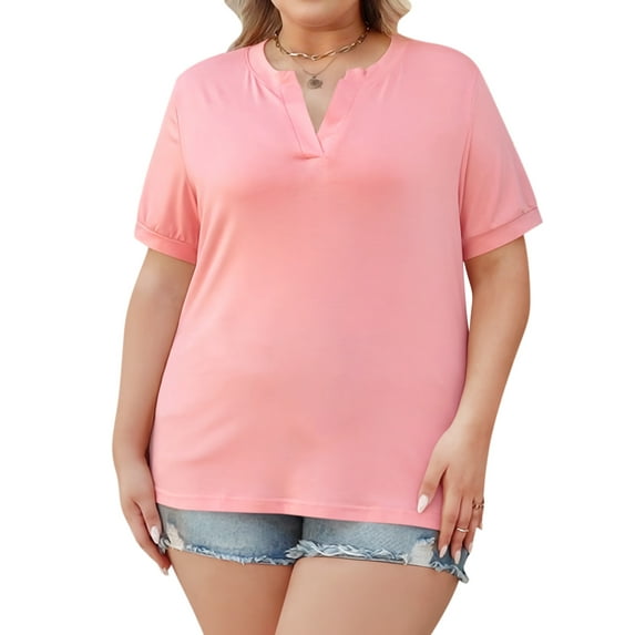 VDJ Plus Size Women Blouse Casual V Neck Short Sleeve Summer Holiday Trendy T Shirts Lightweight Soft Solid Coral Tee Clothing Size 2XL