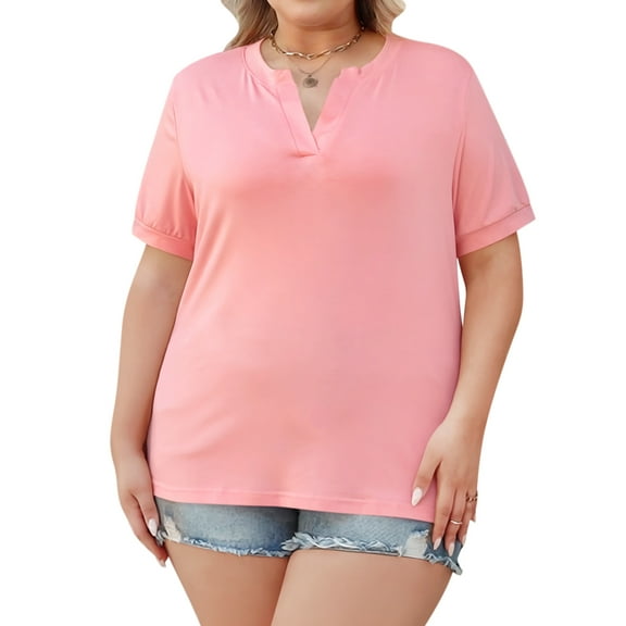 VDJ Plus Size Women Blouse Casual V Neck Short Sleeve Summer Holiday Trendy T Shirts Lightweight Soft Solid Coral Tee Clothing Size 4XL
