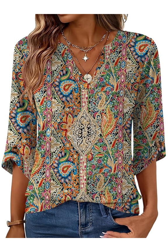 Shirts for Women 3/4 Length Dressy Casual Flowy V Neck Shirts Summer Fall Flowy Vintage Printed Business Work Tunic Clothing Size L