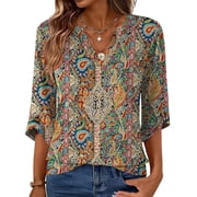 VDJ Shirts for Women 3/4 Length Dressy Casual Flowy V Neck Shirts Summer Fall Flowy Vintage Printed Business Work Tunic Clothing Size S