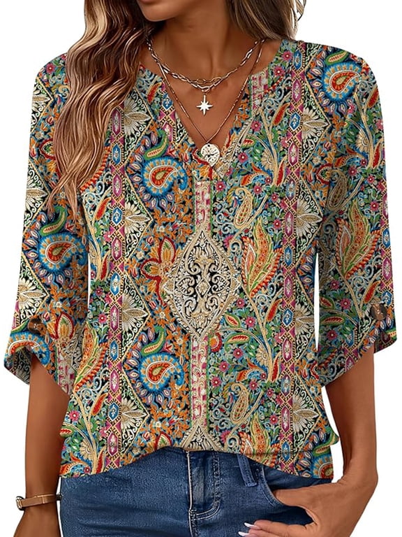 Shirts for Women 3/4 Length Dressy Casual Flowy V Neck Shirts Summer Fall Flowy Vintage Printed Business Work Tunic Clothing Size S