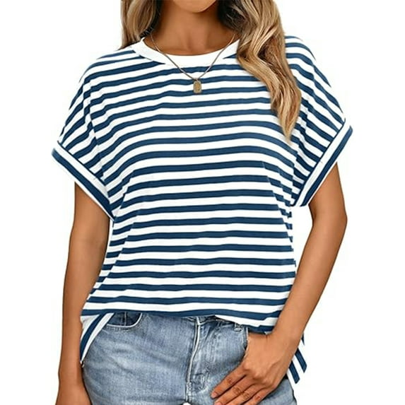 VDJ Striped Tops for Women Loose Summer Tee Shirt Casual Short Sleeve Comfort Soft Stretch Basic Shirts for Lady Size M