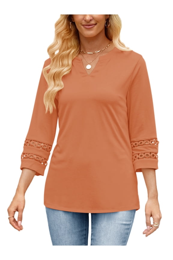 Summer Blouses for Women Casual Loose Hollow Out 3/4 Sleeve V Neck Shirts Trendy Cool Coffee Henley Tshirts Size XL