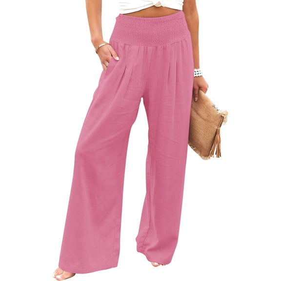 VDJ Summer Pants for Women Wide Leg Dress Pants Elastic Waist Palazzo Pants Dusty Pink Trousers with Pockets Size XL
