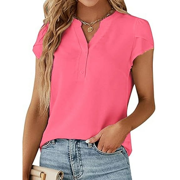 VDJ Summer Shirts for Women Fashion Short Sleeve Button V Neck Casual Fit Blouses Elegant Business Work Tops for Lady Size XL