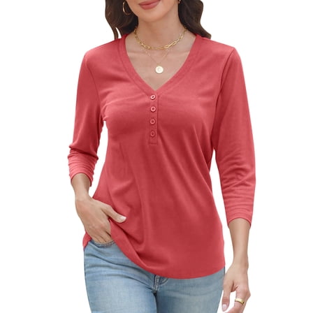 VDJ Summer Tops for Women 3/4 Sleeve Button Up Plain Tee Comfortable Casual Lounge Shirts Light Green Chic Blouses Size XL