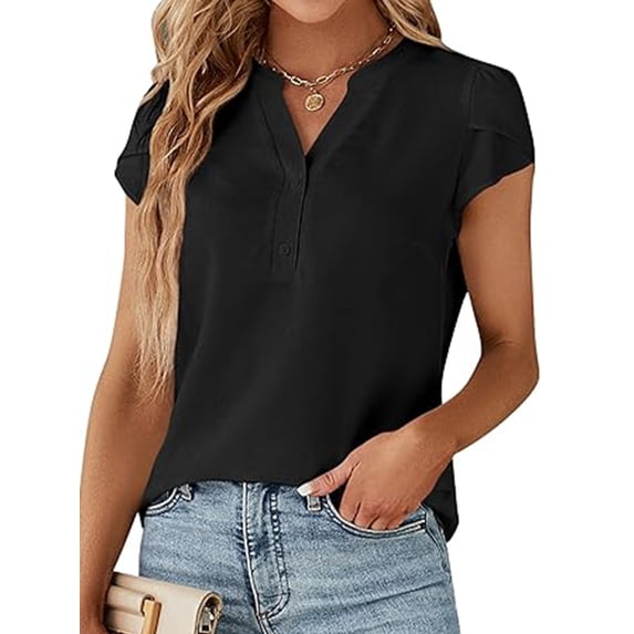 VDJ Summer Tops for Women Business Casual Tops Summer Holiday Trendy Short Sleeve Shirts Button Up Black Blouse for Lady Size M