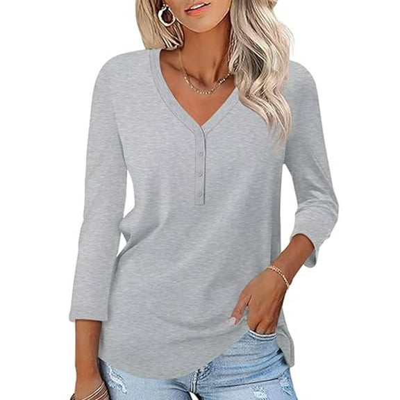 VDJ T Shirts for Women 3/4 Sleeve Summer Fall Basic Tee Solid Color Comfort Cool Light Grey Tunic Tops Size L