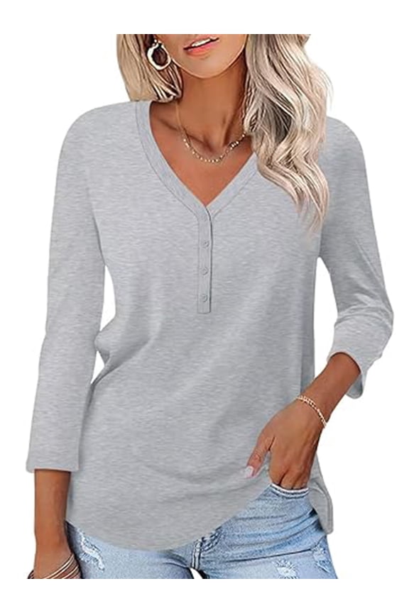 T Shirts for Women 3/4 Sleeve Summer Fall Basic Tee Solid Color Comfort Cool Light Grey Tunic Tops Size M