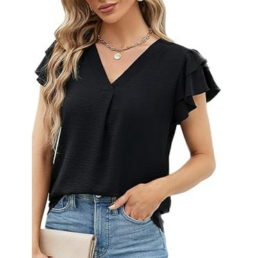 VDJ T Shirts for Women Short Sleeve Business Casual Tops Elegant Black Dressy Blouse in Summer 2024 Size L