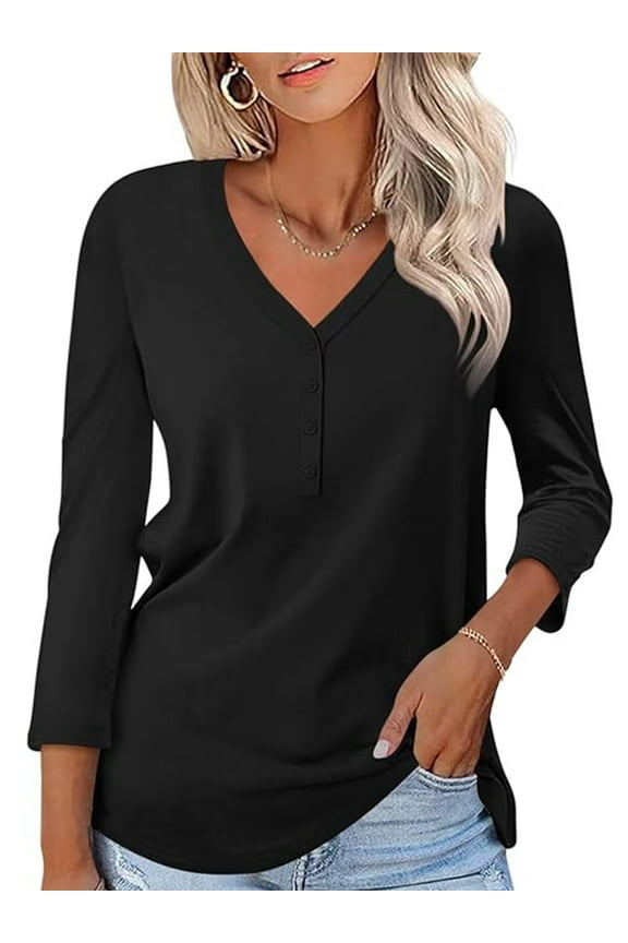 Tops for Women Button T Shirts Solid Color Casual Loose Tops for Women Black Shirts Lightweight Blouse Size S