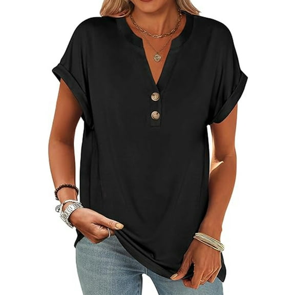 VDJ Tops for Women Summer Short Sleeve Button Up Solid Tee Shirts Casual Loose Henley Collared Black Shirt Clothing Size L
