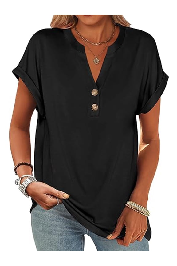 Tops for Women Summer Short Sleeve Button Up Solid Tee Shirts Casual Loose Henley Collared Black Shirt Clothing Size XXL