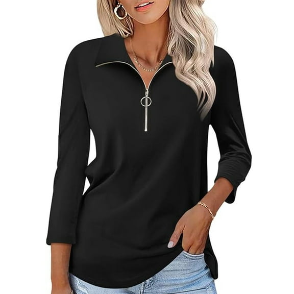 VDJ Tops for Women Zipper V Neck Shirts Casual Loose Solid Color Tshirts 3 4 Sleeve Black Blouse Comfort Pullover Size S