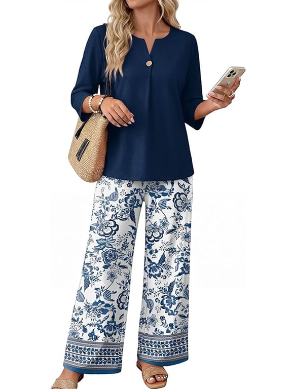 Two Piece Sets for Women 3/4 Length Sleeve Outfits Summer Fall 2026 Vacation Boho Beach Wide Leg Pants Clothing Matching Sets