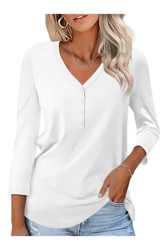 Women 3/4 Sleeve T Shirts Fashion Button Down V Neck White Blouse Plain Color Casual Fall Tops for Women Tee Shirt Clothing Size L