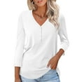 thumbnail image 1 of VDJ Women 3/4 Sleeve T Shirts Fashion Button Down V Neck White Blouse Plain Color Casual Fall Tops for Women Tee Shirt Clothing Size M, 1 of 8