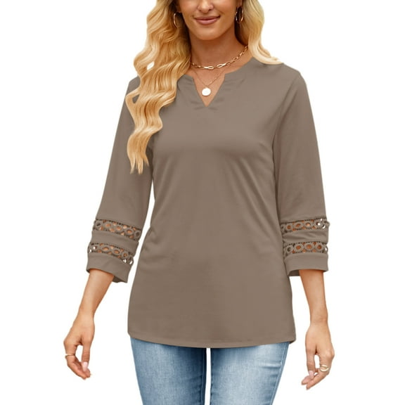 VDJ Women 3/4 Sleeve Tops Summer Holiday Fashion V Neck T Shirts Comfort Lightweight Blouse Black Tunic Tee Size XL