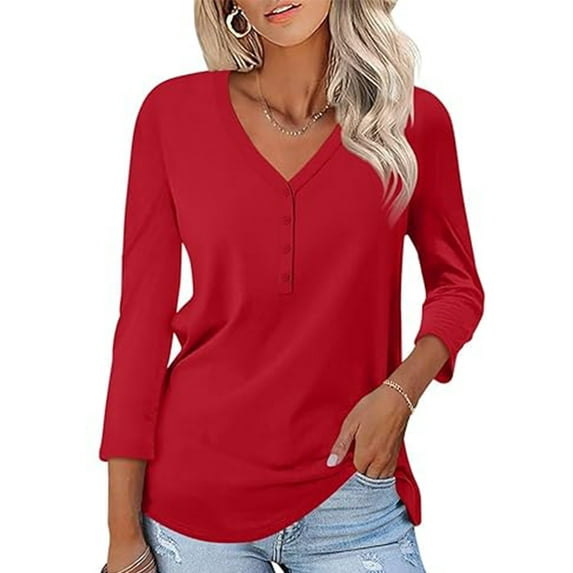 VDJ Women Blouses 3/4 Sleeve Sleeve Button V Neck Tshirts Cozy Soft Lounge Red Tee Tops Clothing Size S