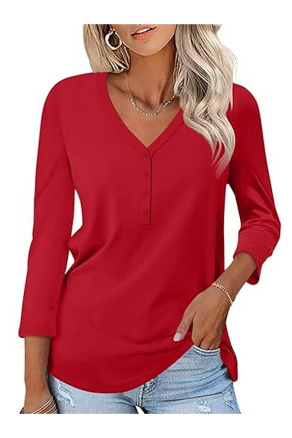 Women Blouses 3/4 Sleeve Sleeve Button V Neck Tshirts Cozy Soft Lounge Red Tee Tops Clothing Size XL
