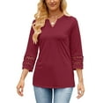 thumbnail image 1 of VDJ Women Blouses Casual V Neck T Shirt Loose Fit Solid Color 3 4 Length Sleeve Ladies Elegant Wine Red Tunic Tops Size XXL, 1 of 9