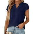 thumbnail image 1 of VDJ Women Blouses Dressy Causal V Neck Short Petal Sleeve Business Tops Ladies Summer Navy Blue Trendy Shirts Size L, 1 of 8