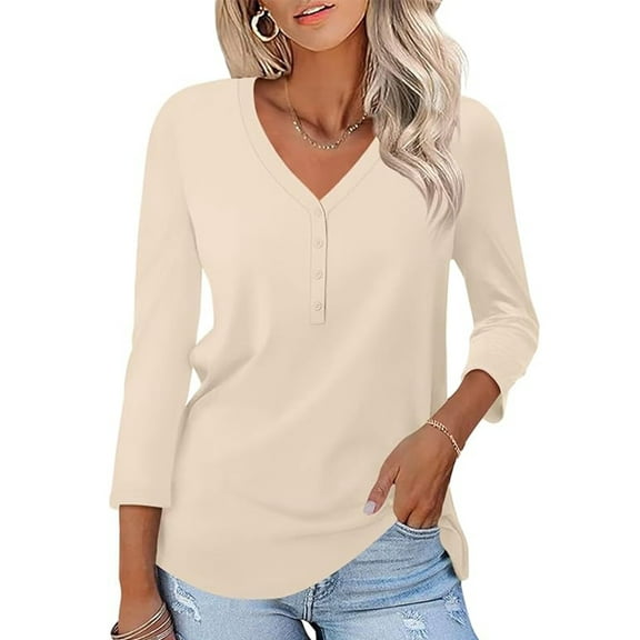 VDJ Women Blouses Loose Casual 3 4 Sleeve Tunic Shirts Fashion Button V Neck Summer Beige T Shirts Tops Size S